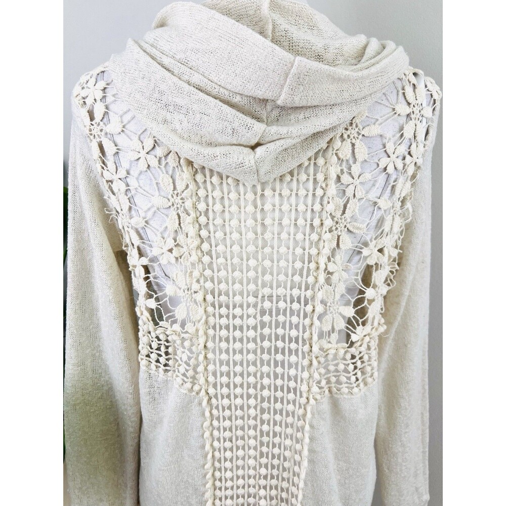 Haute Monde Cream Knit Long Open Front Hooded Duster Cardigan M Boho Cottagecore